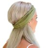 Side shot of Caucasian female with long blonde hair wearing an earth friendly KOOSHOO brand safari green organic cotton twist headband.