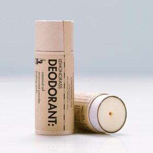 Lovett Sundries brand pine scented deodorant in a cardboard tube; made with coconut oil, arrowroot powder, baking soda, and beeswax
