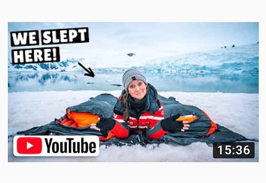 Title card of Kara and Nate YouTube travel vlog in Antarctica